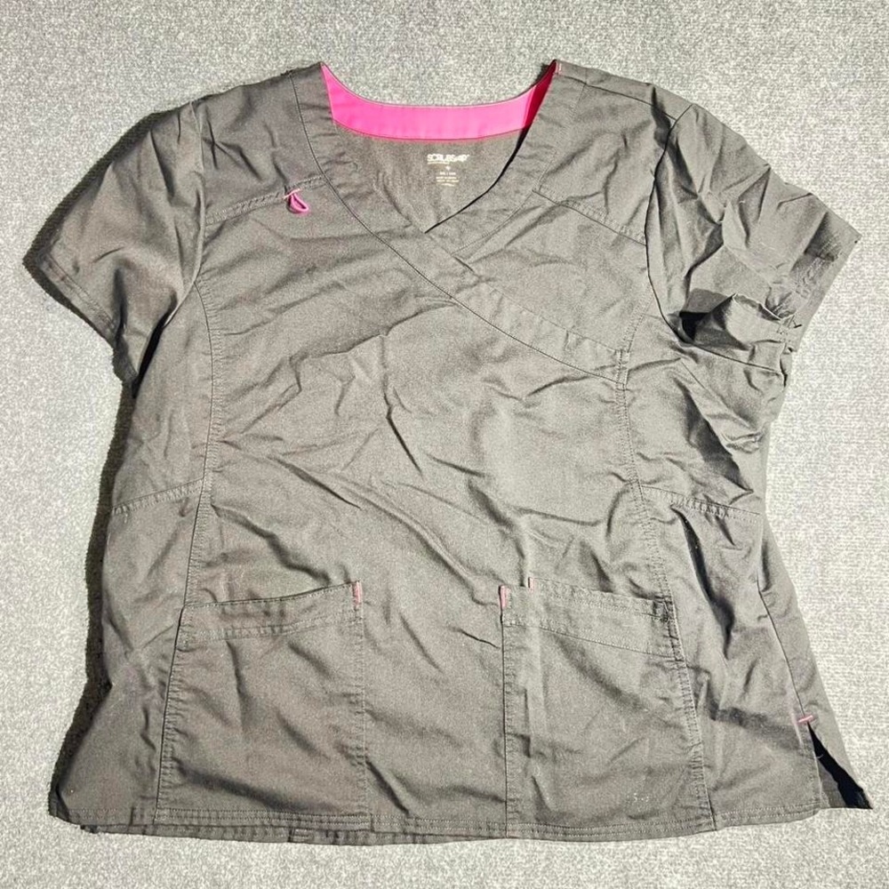 Scrubstar Premium Scrub Top Womens 2XL Gray Pink V-Neck Mock Wrap Short Sleeve